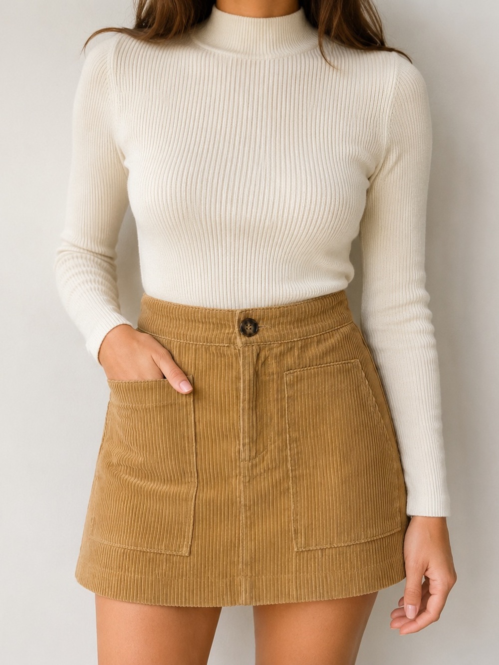 H&M Camel Corduroy A-Line Mini Skirt Patch Pockets Size 6